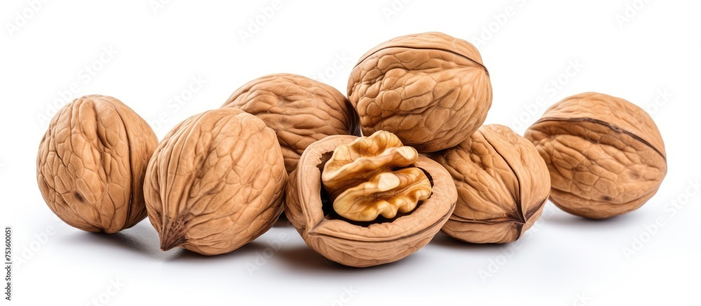 A Pile of Fresh Walnuts Displayed on Clean White Background A Pile of Fresh Walnuts Displayed on Clean White Background