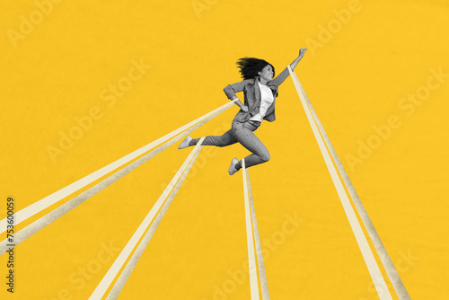 Creative collage picture confident young girl fly upwards superman hero ambitious leader achieve target goal yellow background