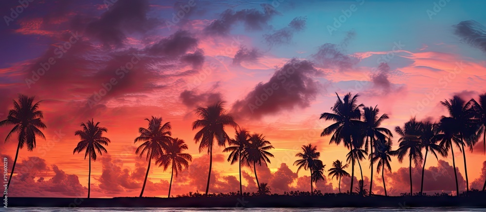 Serenity and Calmness: Majestic Palm Trees Silhouetted Against a Vibrant Sunset Sky