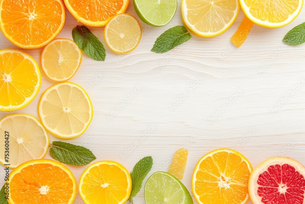 Citrus burst Juicy fruits cut with mint leaves on bright background Citrus burst Juicy fruits cut with mint leaves on bright background