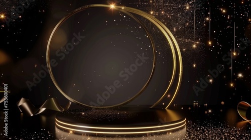Podium and gold line circle frame elements with glitter light effects decorations. Luxury background.