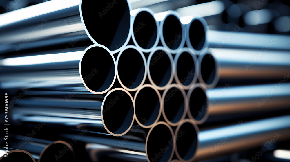 A pile of stainless steel, galvanized, chrome pipes stacked in a warehouse A pile of stainless steel, galvanized, chrome pipes stacked in a warehouse