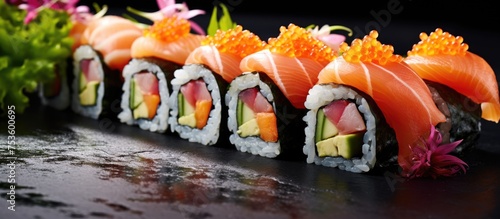 Exquisite Black Plate Adorned with Fresh Sushi and Succulent Salmon Slices