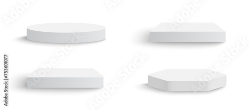 Set of white matte 3D background podiums. Studio showroom pedestal, showcase mockup stage. 3d vector podium for product presentation.