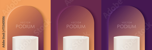Set of orange and purple 3D background podiums.  Studio showroom pedestal, showcase mockup stage. 3d vector podium for product presentation.