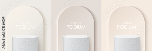 Set of beige matte 3D background podiums.tudio showroom pedestal, showcase mockup stage. 3d vector podium for product presentation.
