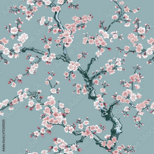 Pink japanese cherry blossom flowers on blue background as illustration in the style of toile de jouy seamless repeating tile pattern