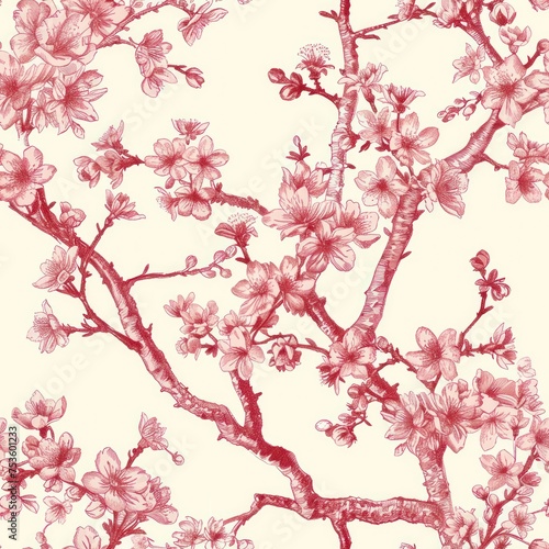Red illustration of japanese cherry blossom on white background as toile de jouy seamless repeating tile pattern