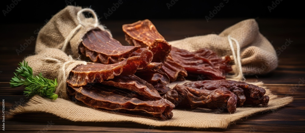 Assorted Raw Beef Cuts Displayed on Rustic Wooden Table in Butcher Shop