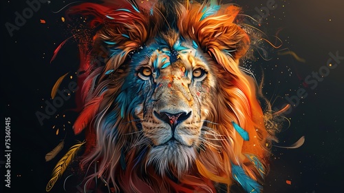  Lion s Pride  Portrait Enhanced with Color Paint and Feathers on Black Background  a Work of Generative Art