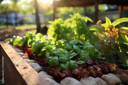 Homegrown Herbs in Garden Bed at Sunset