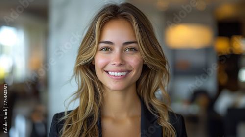Smiling beautiful elegant businesswoman standing at lobby in a modern business office tower. Free Download Smiling beautiful elegant businesswoman standing at lobby in a modern business office tower. - GFXLoad