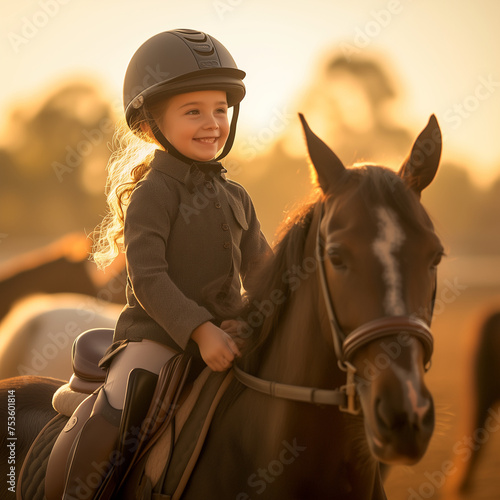 A little girl wearing an equestrian helmet smiles as she sits on the back of her horse in front of the riding arena at sunset © Ceric Jasmina