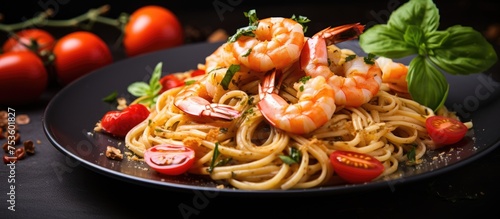 Delicious Shrimp and Tomato Pasta Dish on a Plate, Perfect Italian Cuisine Concept