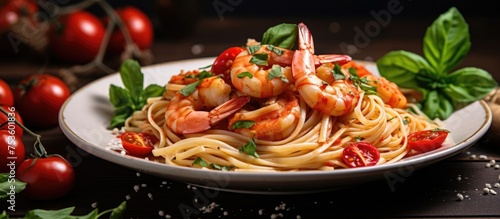 Delicious Shrimp Pasta with Fresh Tomatoes Served on a White Plate in a Cozy Setting