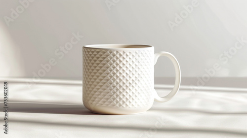 A minimalist white ceramic coffee mug with a subtle geometric pattern, casting a shadow in the morning sun. Isolated on transparent background, png file.