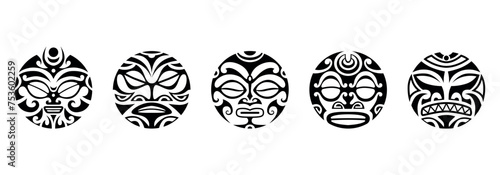 Set of round Maori tattoo ornament with sun symbols face. African, maya, aztec, ethnic, tribal style. Black and white.