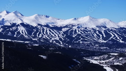 Sunny winter morning blue sky Breckenridge Ski resort town Vail Epic Ikon Pass aerial drone landscape ski trail runs Summit County Tiger Swan Mountain road Tenmile peaks Rocky Mountains circle right photo