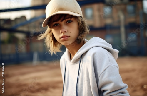 Youthful spirit with a portrait of a young girl sporting a vibrant red baseball cap, captured against the backdrop of an outdoor field, exuding energy and vitality © Surachetsh