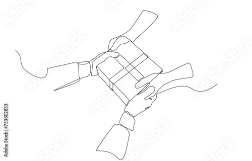 Continuous one line drawing of hands delivering parcel box, parcel delivery service concept, single line art.