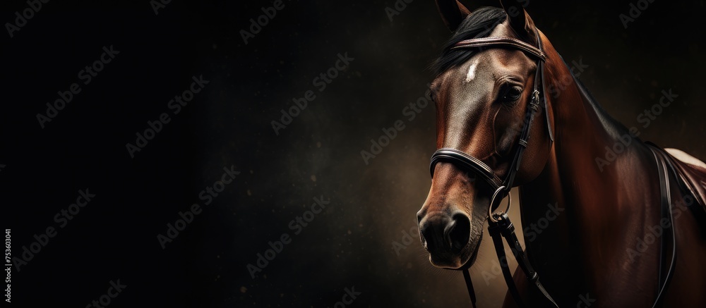 Fototapeta premium Majestic Horse with a Flowing Mane Stands Proud in a Sunlit Meadow