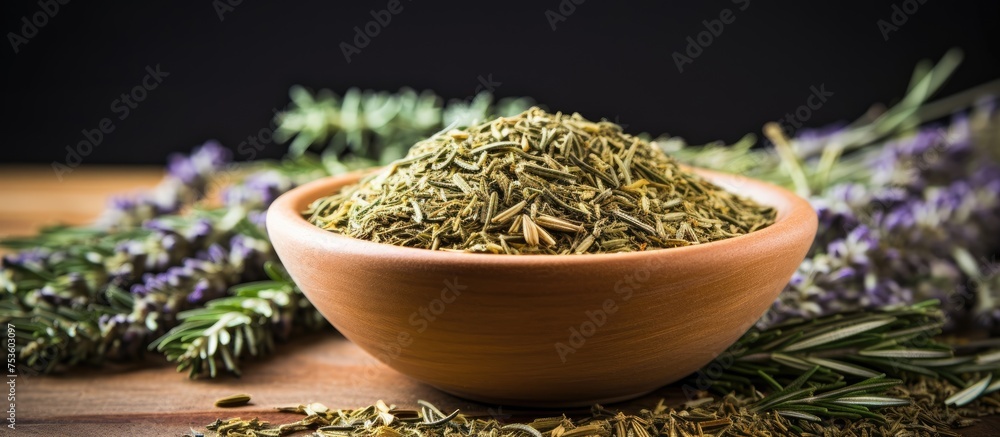 Aromatic Bowl of Dried Herbs Resting on a Rustic Wooden Table