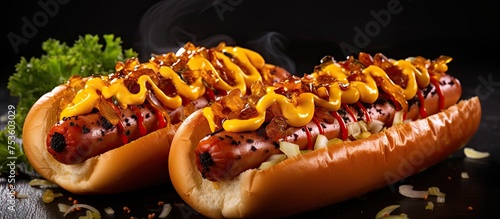 Two Appetizing Hot Dogs Arranged on a Stylish Dark Surface for a Bold Food Concept