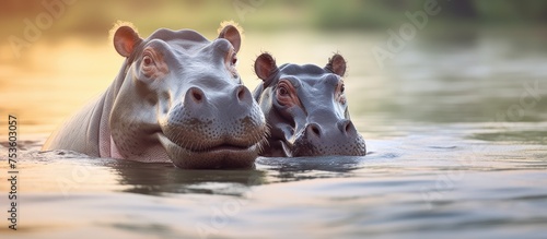 Two Joyful Hippos Splashing in the Refreshing Water Under the Sunlight