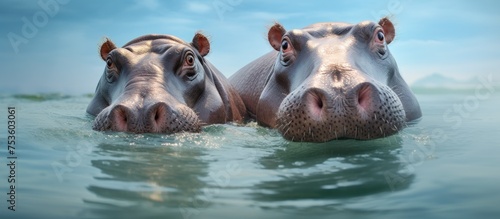 Two Hippopotamuses Gently Floating in Serene Aquatic Habitat of the Wild
