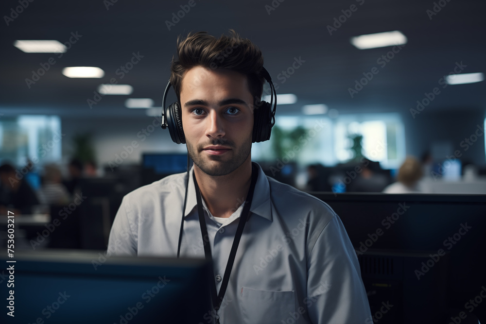 Obraz premium a male telephone teleoperator receiving a call in a call center office