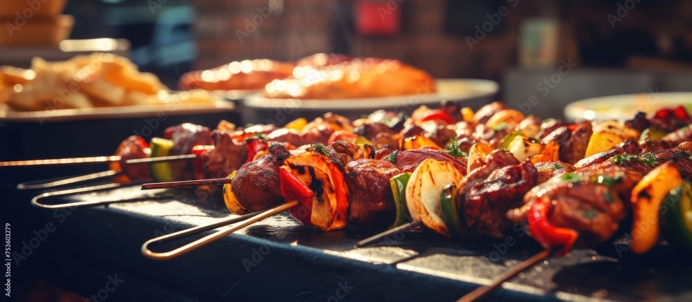 Sizzling Grill with Deliciously Cooked Skewered Meat for Summer BBQ Party