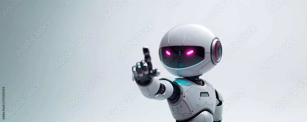 robot points finger at a copy space on white isolated background robot points finger at a copy space on white isolated background