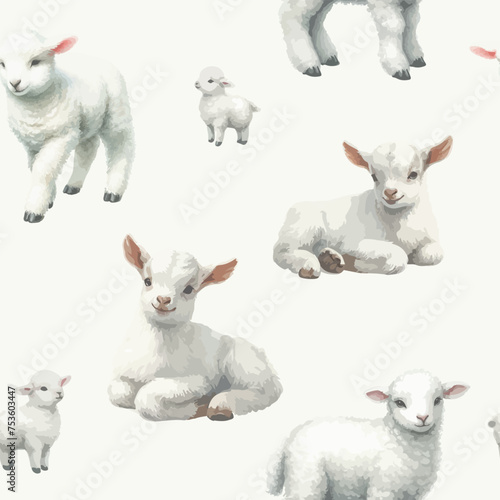 Seamless pattern with watercolor white lamb on white background.
