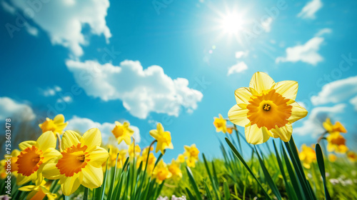 Close-up of yellow daffodil flowers blooming in spring. Bokeh sunny background. Spring landscape concept. Generative AI