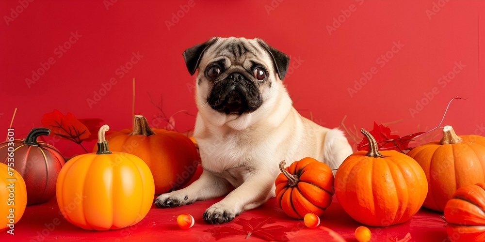 Mongrel puppy and apple on a red background.
