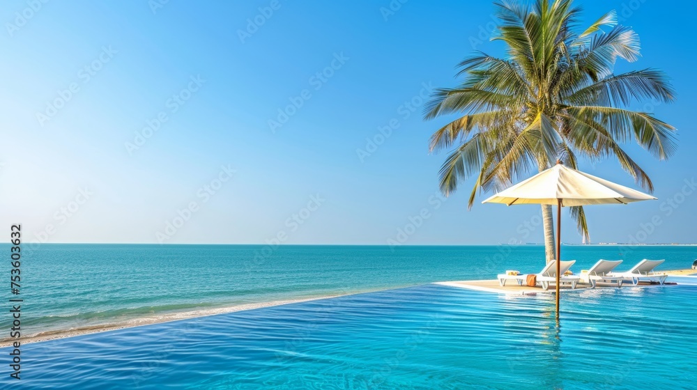 Luxurious tropical resort pool with crystal clear water and lush greenery on a bright sunny day
