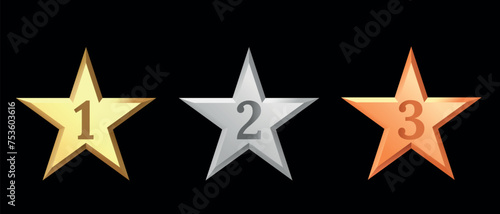 Golden, bronze, silver glossy metallic stars 3d realistic style. Leadership, game award, customer feedback symbol vector illustration isolated on black background