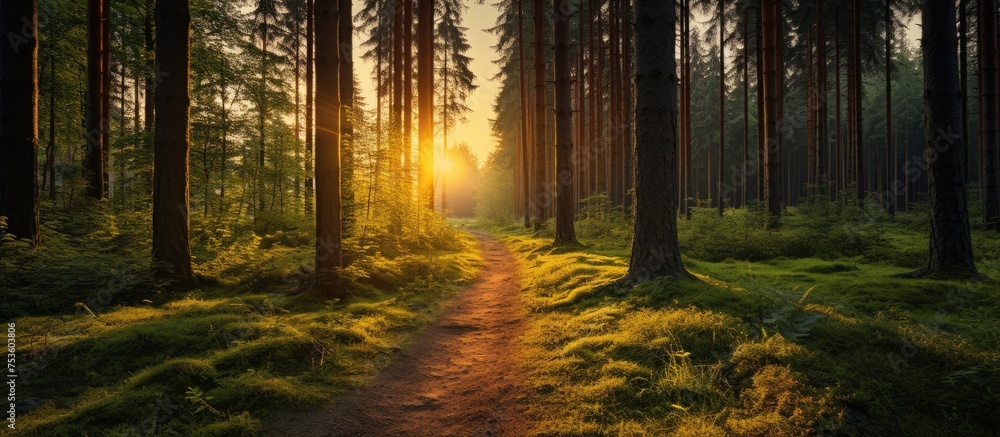 Fototapeta premium Tranquil Path Winding Through Enchanting Forest of Towering Trees and Lush Greenery