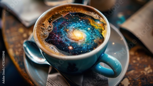 Creative depiction of a swirling galaxy in a coffee cup placed on a splattered backdrop