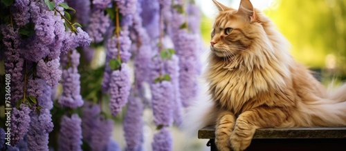 Adorable Cat Relaxing on a Bench Surrounded by Vibrant Purple Wisteria Flowers photo
