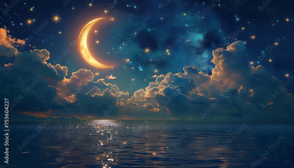 the beautiful view of the moon and stars in the sky reflected in the beautiful sea, the beauty of Ramadan shines through. the beautiful view of the moon and stars in the sky reflected in the beautiful sea, the beauty of Ramadan shines through.