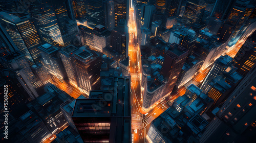 High angle view of city at night with skyscrapers and large buildings