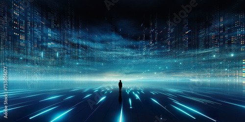 Futuristic advanced sci fi digital city landscape background. Information technology age, a man exploring the future concept wallpaper backdrop