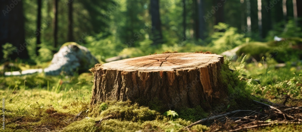 Enchanted Forest Scene: Mystical Dragon Resting on Tree Stump Amidst Lush Greenery Enchanted Forest Scene: Mystical Dragon Resting on Tree Stump Amidst Lush Greenery