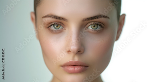 Portrait of beautiful young woman with green eyes looking at camera.