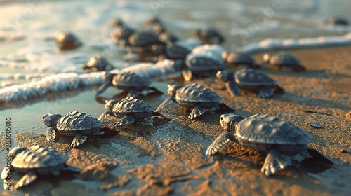  Baby Turtles' Journey: Crawling to the Sea from Sandy Beach, A Generative AI