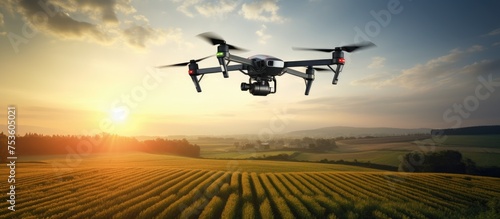 Aerial View of High-Tech Drone Surveying Lush Agricultural Field Crops Below