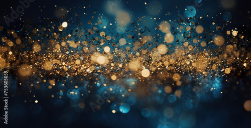 Luxury orange gold rich glitter sparkle, dark blue bokeh background. Festive glamorous shimmering wallpaper backdrop