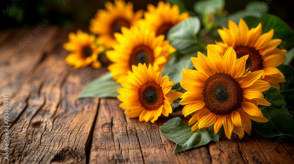 Fototapeta premium Beautiful sunflowers on rustic wooden background. Selective focus.