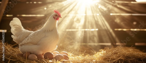 Healthy hen chicken near freshly laid eggs in hay in a rustic barn under warm sunlight with copy space
 photo